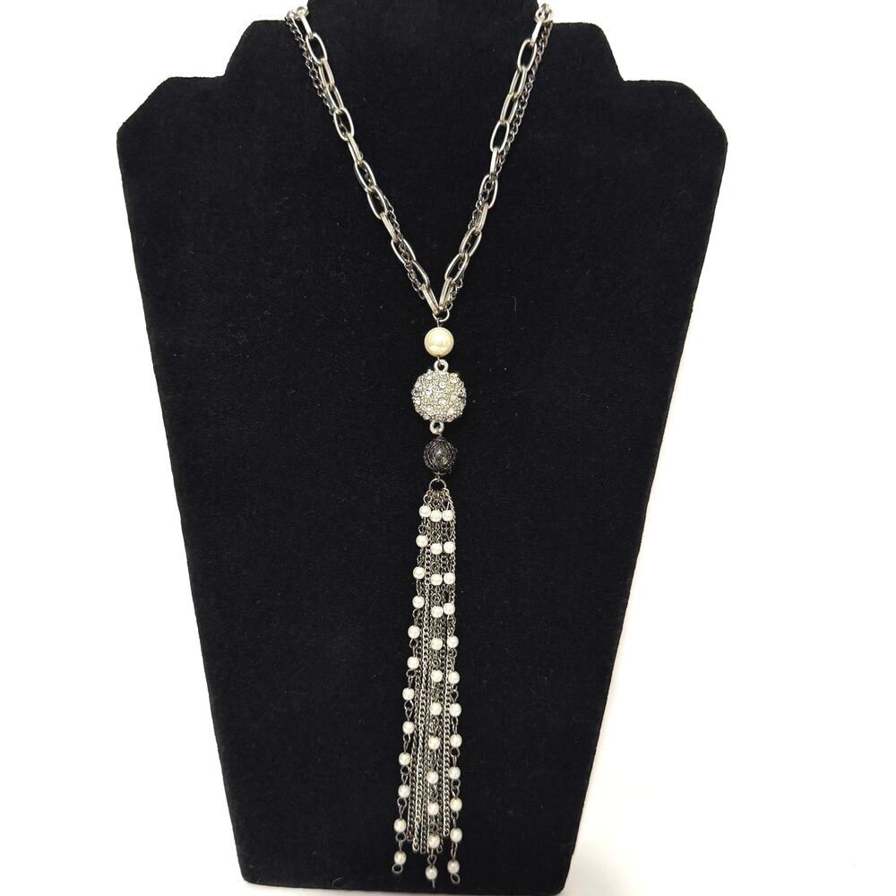 NY & Co. Gunmetal Faux Pearl Tassel Necklace | Long Statement Pendant | 22” Drop